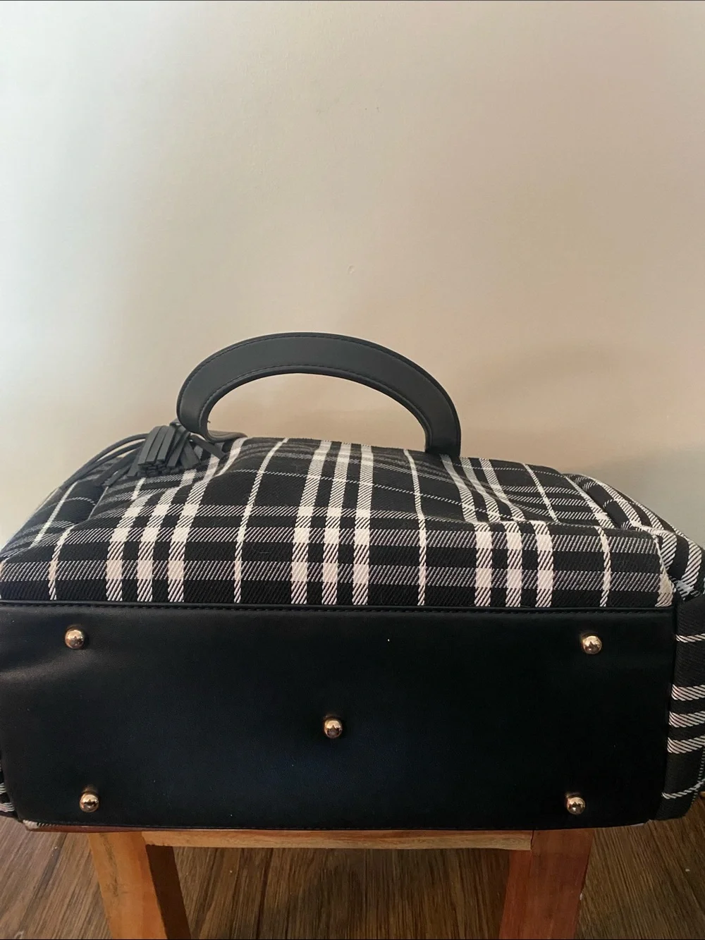 White Elm Gemini convertible backpack tote black and white tartan plaid. Travel